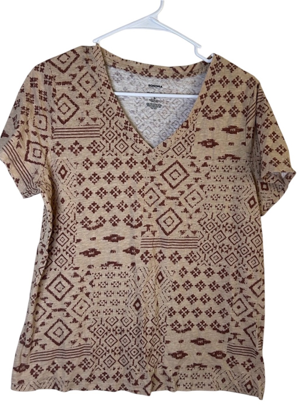 Sonoma V-Neck Short Sleeve Top Beige Brown Boho Aztec Western Rodeo Large Countr